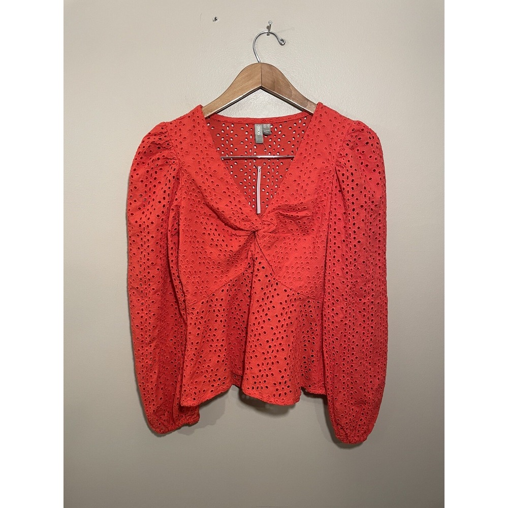 Asos Eyelet V-Neck Blouse Women's Size 0 Long Sleeve Red NWT - Picture 2 of 9